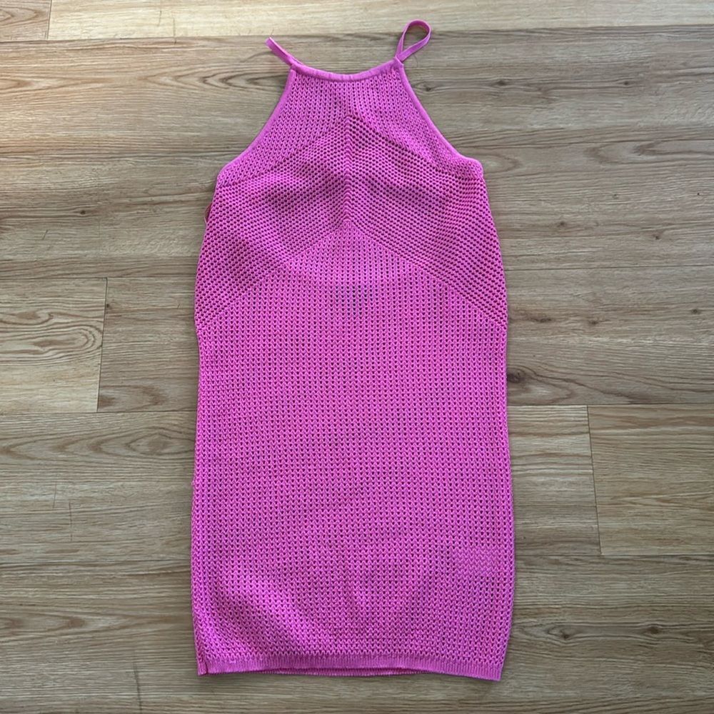 Express Womens Pink High Neck Crochet Dress Large Criss Cross Back Cover Up Boho